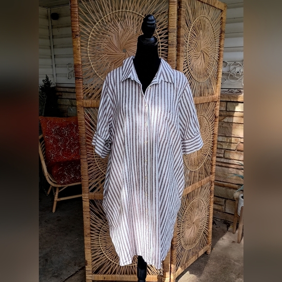 Old Navy Striped Linen Blend Button-Up Shirt Dress With Pockets_2X - Picture 2 of 9